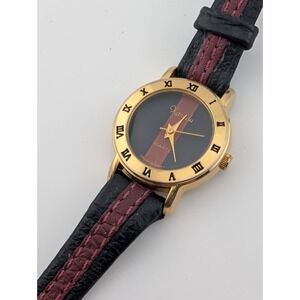 Vintage Xanadu Watch Women 25mm Gold Case Red/Black Leather Band- New Battery